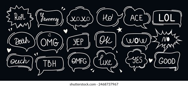 Set and collection of speech bubbles and talks clouds with phrases. Conversation with words. Scribbles elements. Editable stroke,y2k speak, text and textbox. Quotes. Doodle lettering