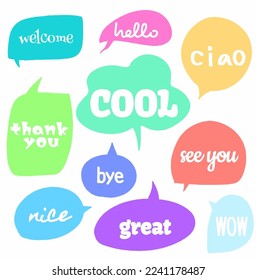 set collection speech bubbles of welcome, thank you, nice, hello, Ciao, COOL, bye, great, see you, WOW vector design illustration