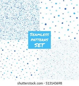 Set, collection of splash, spray, dots, blobs, spots seamless patterns. Free hand drawn and smooth speckles, flecks, specks, stains of different size texture. Shades of blue abstract background.