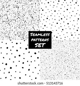 Set, collection of splash, spray, dots, blobs, spots seamless patterns. Black and white chaotic ornamentation. Hand drawn and smooth flecks, specks of different size texture. Monochrome background.