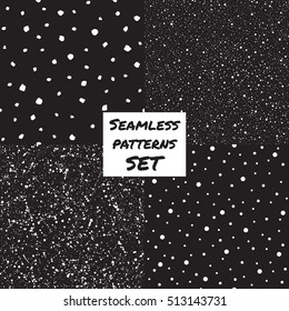 Set, collection of splash, spray, dots, blobs, spots seamless patterns. Black and white chaotic ornamentation. Hand drawn and smooth flecks, specks, stains texture. Night sky, falling snow background.