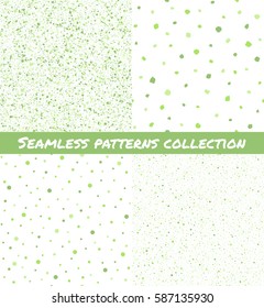 Set, collection of splash, spray, dots, blobs, spots seamless patterns. Easter, spring background. Green, greenery color chaotic ornamentation. Hand drawn and smooth flecks, specks, stains texture.