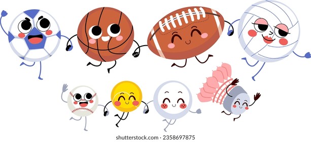 Set collection of sport ball cartoon character mascot running together. Flat vector illustration isolated on white background