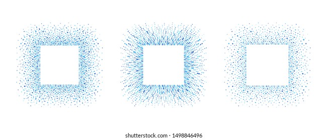 Set, collection of square dot frames with empty space for text. Rectangle frame made of dots, beads, hand drawn spots, splashes, flecks, specks, water blobs, drops. Blue dotty abstract backgrounds