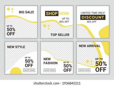 Set collection of square unique puzzle editable modern social media banner template with yellow and white color combination. Promotional web banner for social media post feeds. Vector illustration