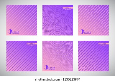 Set, collection of square violet geometric gradient backgrounds with ornamental texture, pattern. Concentric circles made of rounded dashes, dynamic diagonal stripes, lines, wavy streaks, bars, waves.