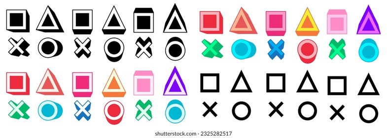 set collection squares, triangles, circles, and cross icon symbols. geometric shapes of game controller trendy design template vector illustration