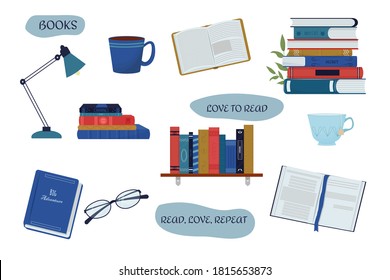 Set, collection stack of books, bookshelf, in different views open and closed, glasses, table lamp and cup with drink isolated on white background in cartoon style.
