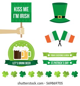Set, collection of St.Patrick's Day flat design elements, icons isolated on white background.