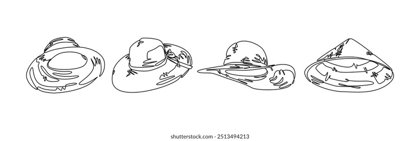 Set collection of straw hat, sun hat, and farmer hat. Editable line. Vector illustration.