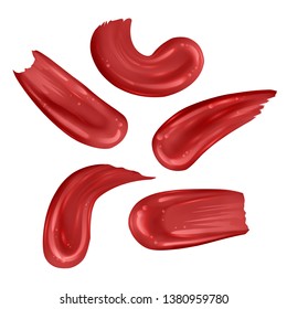 Set of a collection of strokes of Bright red colors isolated on white. Collection of Smears lipstick, elements of the design of advertising posters, leaflets for the promotion of decorative cosmetics