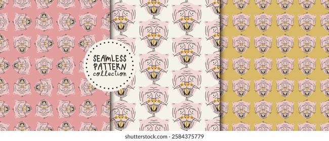 Set. Collection. Stylish seamless patterns with muzzles of cats with open mouth and tongue hanging out. Vector prints, designs, backgrounds