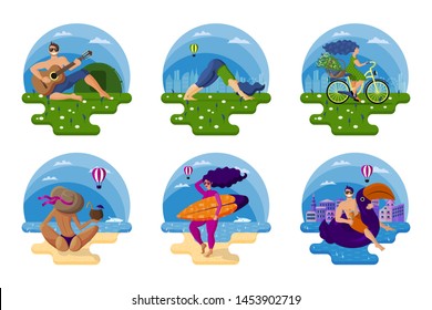 Set, collection of summer activities. Happy healthy people have a variety of rest on the sea, in nature and in the city. The concept of organization of summer leisure. Flat cartoon style