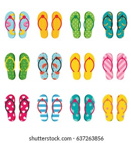 Set, collection of summer flip flops with different patterns, decoration elements.