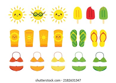 Set, collection of sun characters, swimsuits, ice cream, sunscreen bottles, flip flops icons for summer holidays, vacation design.
