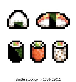 Set collection with sushi. Pixel art style. Vector illustration.