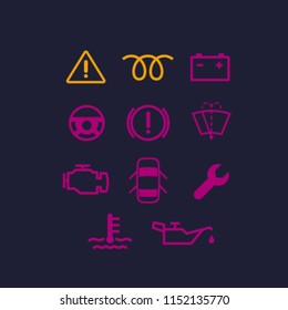 Set, collection of symbols indicators of dashboard panel of car. Neon information icons of vehicle machine. Badges with illumination of malfunction, prevention, notification. Vector illustration.