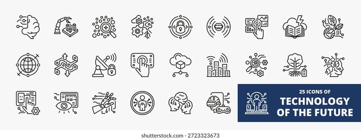 Conjunto de una colección de la tecnología de los iconos del futuro adecuado para el Web y la aplicación móvil. Conjunto de iconos de estilo de esquema con neurológica, arquitecto, analista, adaptación, seguridad cibernética y más iconos