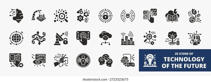 Conjunto de una colección de la tecnología de los iconos del futuro adecuado para el Web y la aplicación móvil. Conjunto de iconos de estilo de glifo con neurológica, arquitecto, analista, adaptación, seguridad cibernética y más iconos