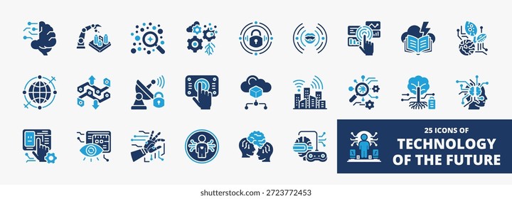 Set of a collection of technology of the future icons suitable for web and mobile application. Set of glyph blue style icons with neurologic, architect, analyst, adaptation, cyber security, and more icons