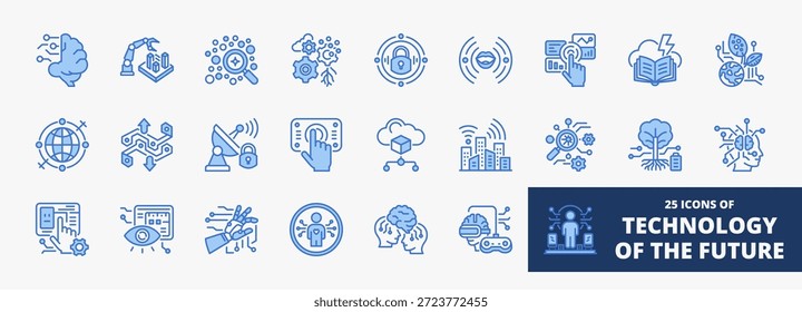 Set of a collection of technology of the future icons suitable for web and mobile application. Set of outline blue style icons with neurologic, architect, analyst, adaptation, cyber security, and more icons