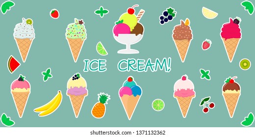 Set a collection of ten different sweet ice cream stickers in a waffle cup and juicy fruits in a white stroke on a green background and text. Flat style vector illustration.