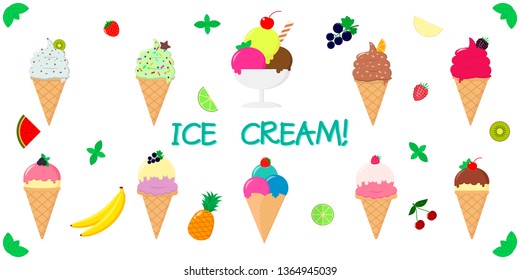 Set collection of ten kinds of different sweet ice cream, in a waffle cup and on a stick, juicy fruits on a white background and text. Flat style, vector illustration.