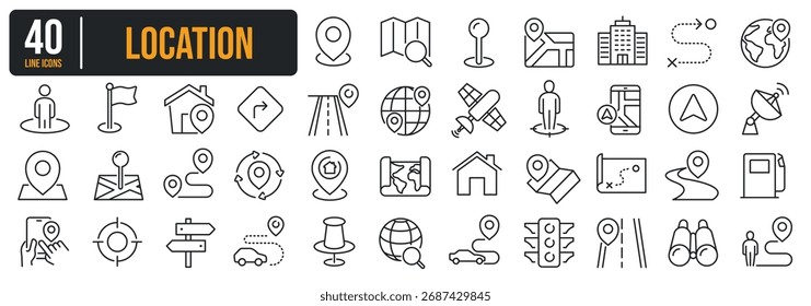 Conjunto de coleção ícones de linha fina relacionados Localização, Mapa, Navegação. O ícone pode ser usado para o site, infográfico, interface do usuário, aplicativo, banner, logotipo, brochura etc fundo transparente