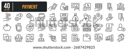 Set of collection thin line icons related Payment, Money, Cash, Finance. The icon can be used for website, infographic, user interface, app, banner, logo, brochure etc transparent background