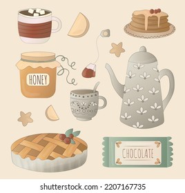 a set or collection of things and goodies for a cozy tea party