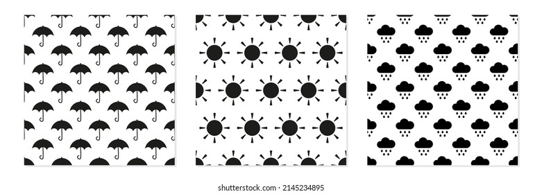 Set, collection of three black and white vector seamless pattern backgrounds with umbrella, sun, clouds for weather and seasonal design.
