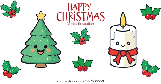 Set Collection of Three, Candle, and Mistletoe: Vector Illustration for a Cute Christmas Party