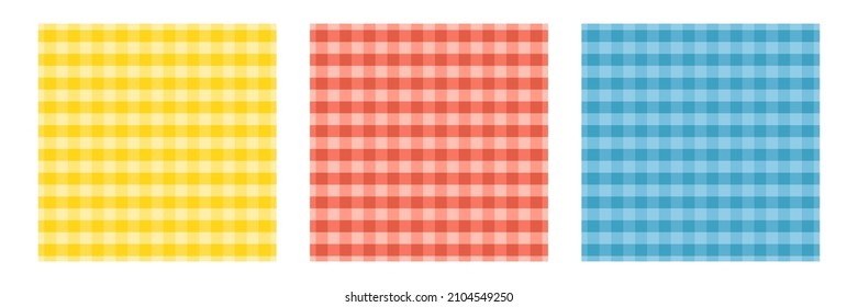 Set, collection of three checkered, gingham vector seamless pattern backgrounds for cloth, fabric, material, fashion design.