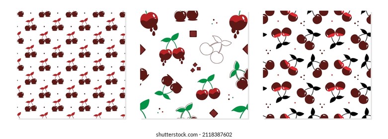 Set, collection of three chocolate covered cherry vector seamless pattern backgrounds for food, dessert design.
