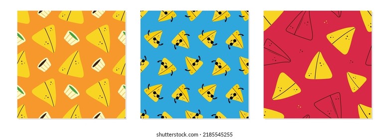 Set, collection of three colorful cartoon style samosa, indian baked savory pastry vector seamless pattern backgrounds.
