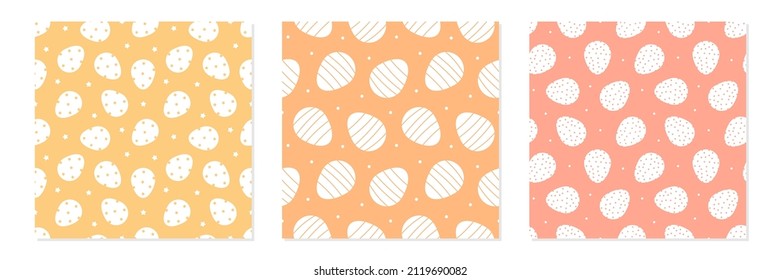 Set, collection of three colorful vector seamless pattern backgrounds with decorated easter eggs for Easter celebration design.
