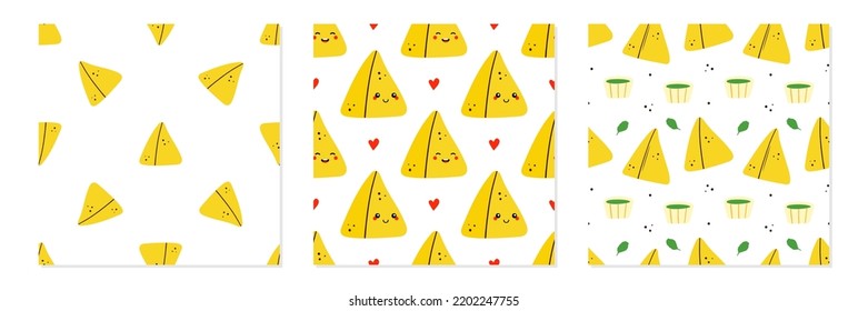 Set, collection of three cute cartoon style vector seamless pattern backgrounds with samosa characters and samosa baked savory pastry.
