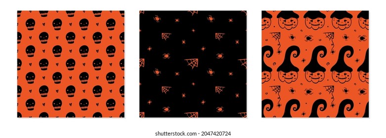 Set, collection of three Halloween design vector seamless pattern backgrounds with skulls, spiders, webs and Jack o Lantern characters.