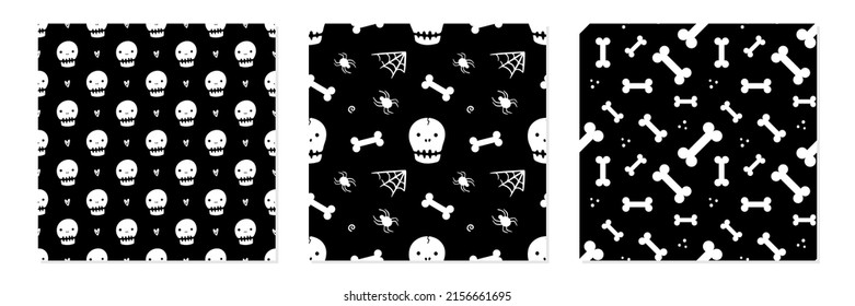 Set, collection of three Halloween vector seamless pattern backgrounds with doodle style skulls, bones, spiders and spider webs.