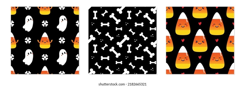 Set, collection of three Halloween vector seamless pattern backgrounds with ghosts, candy corn characters and bones.
