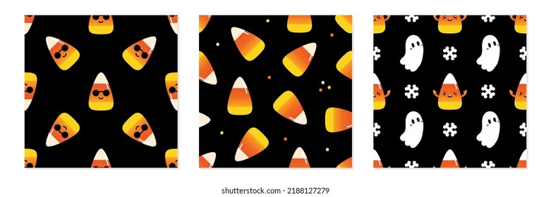 Set, collection of three Halloween vector seamless pattern backgrounds with cute ghosts and candy corn characters.