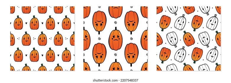 Set, collection of three Halloween vector seamless pattern backgrounds with pumpkins, Jack o Lantern characters.