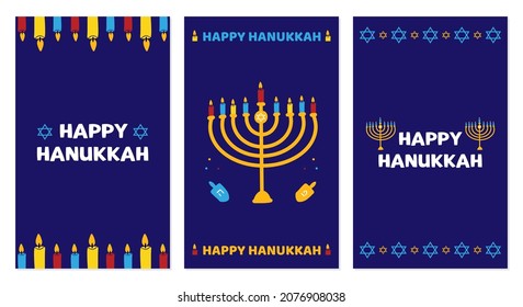 Set, collection of three Happy Hanukkah cartoon style greeting cards, vector illustrations with menorah, candles, david stars, dreidels.