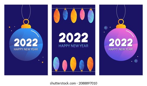 Set, collection of three Happy New Year 2022 vector greeting cards, illustrations with colorful christmas ornaments, garlands and snowflakes.
