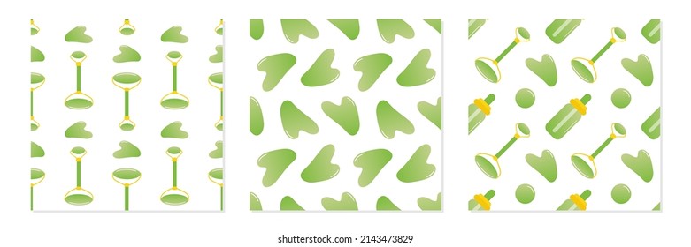 Colección de tres rollos de arca de piedra jade y herramientas de belleza vectores de patrones sin fisuras para tratamiento de masajes y diseño de belleza.
