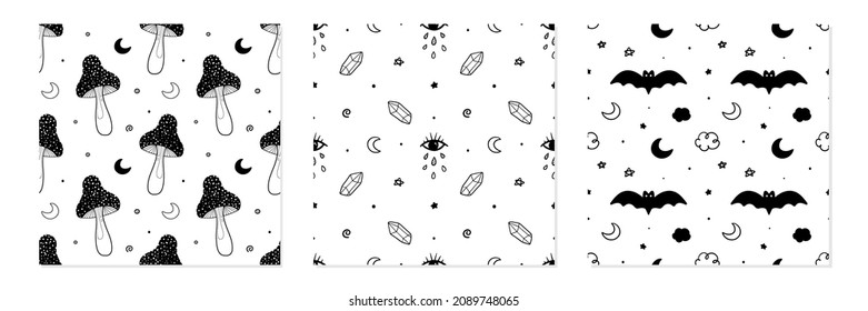 Colección de tres ambientes místicos, mágicos, vectores de halloween sin fisuras con hongos, murciélagos, ojos mágicos, símbolos lunares y cristales.