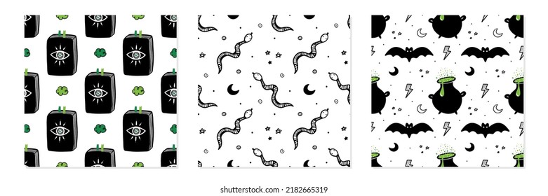 Set, collection of three mystical, magic, halloween vector seamless pattern backgrounds with spell books, snakes, bats and witch cauldrons.
