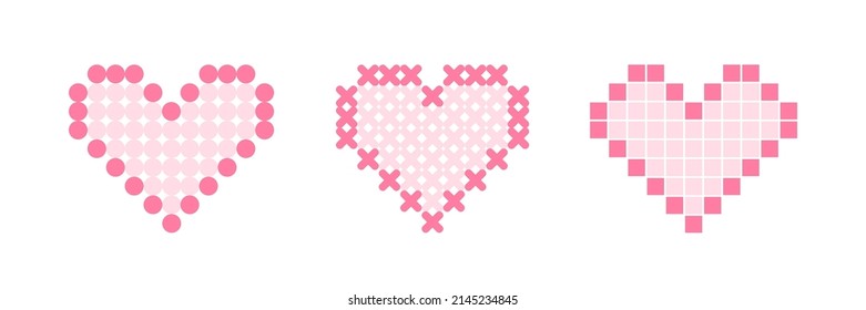Set, collection of three pink hearts made with stitches, beads, dots for handmade, handcraft design.