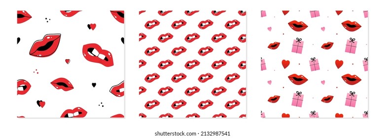 Set, collection of three seamless pattern background with red lips, hearts and gifts for make up and valentines day design.