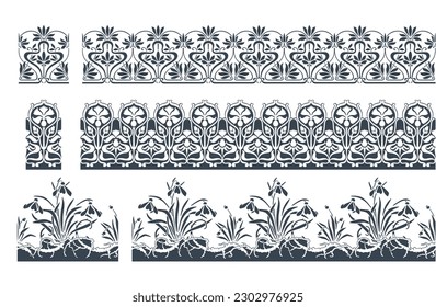 set or collection of three seamlessly tiling elegant floral art nouveau borders, classic vector design elements	
